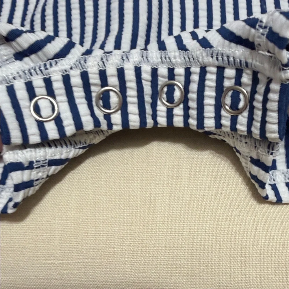 Rugged Butts Zip Front Seersucker Blue & White Striped Kids Swim Romper. 6-12mo.